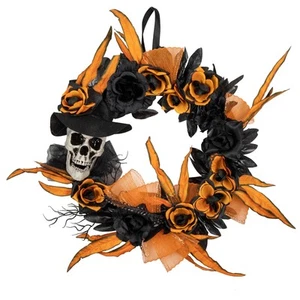 Northlight Skull with Black and Orange Roses Halloween Wreath, 14-Inch, Unlit - Picture 1 of 5