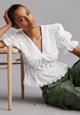 NWT Endless Rose Peplum Top Ruffle V Neck Puff Sleeve Blouse Peasant White Large - Image 1 of 4