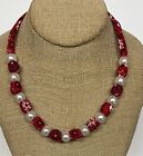 Red Bandana Beaded Fabric Necklace w/ Faux Pearls 17” +ext, Unique Handmade GIFT