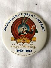 1990s Six Flags Happy Birthday Bugs Bunny 2" White Round Lapel Hat Pushback Pin