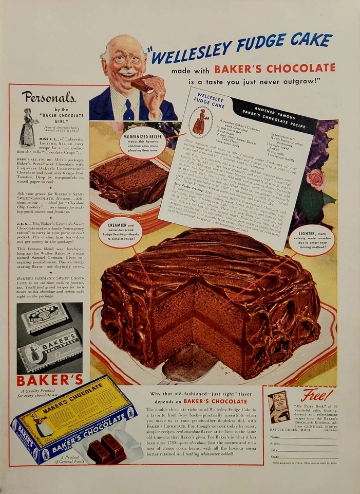 1941 Bakers Chocolate Print Ad Ephemera Wall Art Decor Wellesley Fudge Cake - Image 1 of 1
