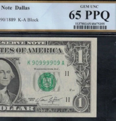 1974 $1 Federal Reserve Note PCGS 65PPQ super radar serial number 90999909 - Image 1 of 3