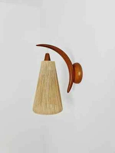 Teak wall Lamp with Cord Shade 1960s sputnik wooden wall lamp - Picture 1 of 5