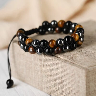 Natural Black Onyx Tiger's Eye Stone Bracelet Brown Gemstone Bracelet Handmade - Image 1 of 4