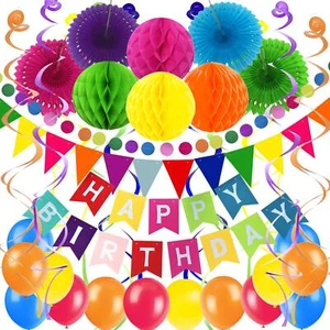 Birthday Party Decoration, Multi-colored Happy Birthday Banner with Paper Fan... - Picture 1 of 7