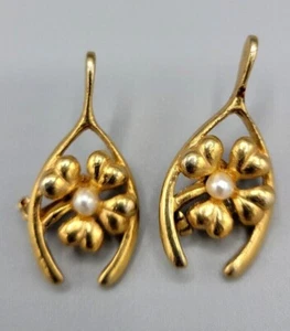 Par de Broche de Colección Tono Dorado Wishbone Lucky Cuatro Hojas Trébol Perla Sintética - Imagen 1 de 4