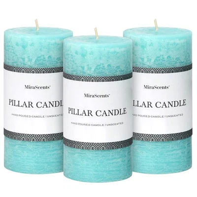 Juego de 3 velas de pilar turquesa de 3x6 pulgadas - velas sin perfume, limpieza larga... Foto 1 de 4