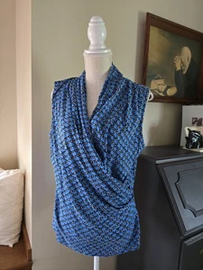 ST. JOHN size Large Womens Blue Faux Wrap Blouse Stretchy Sleeveless Top - Picture 1 of 10
