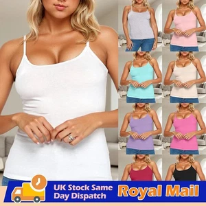 Women 2 in 1 Tops With Built in Bra Padded Cami Tee Tank Tops T Shirt Plus Size - Picture 1 of 18