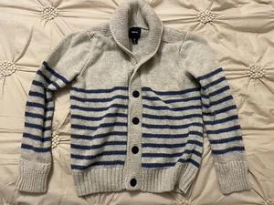Gap Kids M 8 Gray Heather Blue Striped Cardigan Sweater Buttons Nautical Boys - Picture 1 of 5