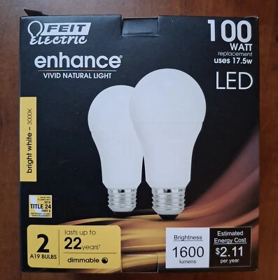 Feit Electric A19 100W Equivalent LED Light Bulbs, 2 Pack, 3000k Bright White  - Image 1 of 4
