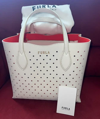 FURLA 2093 WB0041 Blanco Agujero Punzonado Cuero Genuino Mediano Shopper con Bolsa para el Polvo Nuevo con Etiquetas Foto 1 de 4