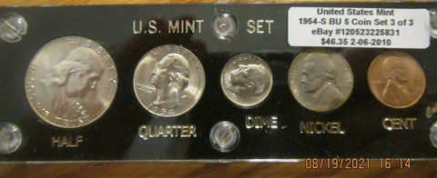 1954 S SILVER 50c 25c 10c US MINT SET 5 Coins In a Plastic NICE CAPITAL HOLDER Cover