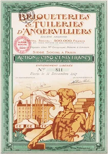 BRIQUETERIES & TUILERIES D'ANGERVILLIERS - ACTION DE 500 FRANCS 1917 - FRANCE - Picture 1 of 2