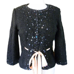 Alberto Makali Tweed Beaded Jacket Blazer Size 6 Black Pink Bow Dressy Evening - Picture 1 of 10
