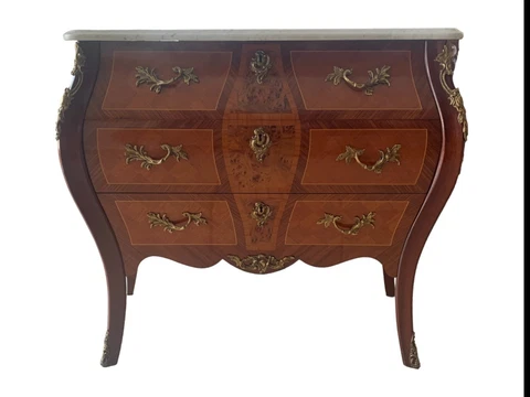 Marquetry French Bombe  Inlaid Chest of 3 Drawers Louis XV with marble top Cover