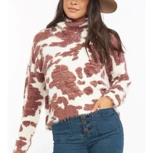 Show Me Your Mumu Cow Print Fuzzy Sweater XS Brown White Oversized Cozy Western - Picture 1 of 4