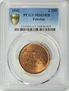 PALESTINE , 2 MILS 1942  PCGS MS 63 RB ( PAL. ) , RARE - Picture 1 of 2