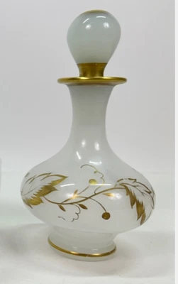 Antique White Opaline Glass Perfume Bottle  7"H With Stopper White&Gold Leaf - Image 1 of 4