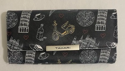 Бумажник-клатч женский TAHARI серый Италия сцены на черной молнии монета 8 дюймов новый без ценников - Изображение 1 из 4