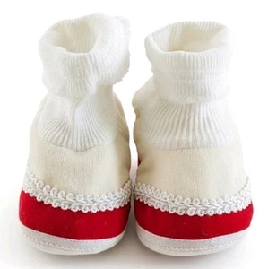 Vtg 50s Infant Red Mary Jane Baby Booties Slippers Shoes Velvet Lace Precious - Picture 1 of 10