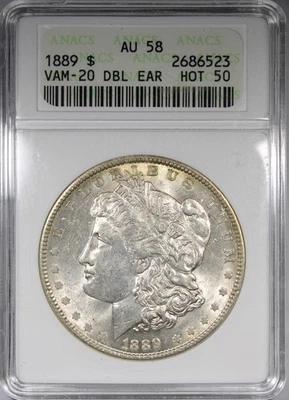 1889 Morgan Dollar ANACS AU58 VAM-20 DBL EAR HOT 50 Soapbox Holder - Image 1 of 4