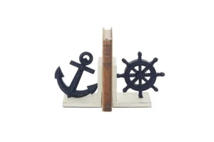Bookend Pair Metal Ship Wheel Anchor Bookshelf Bookend Nautical Coastal Decor 6" - Picture 1 of 2
