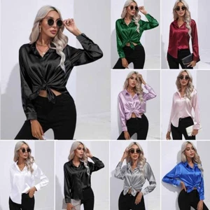 Damas Informal Holgada Mujer Seda Satén Mangas Largas Camisa Lisa Botones Prendas para el torso Blusa - Imagen 1 de 15
