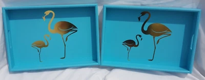 Flamingo Serving Trays Wooden Blue Gold Flamingo Design By Sixtrees Set of 2 - Image 1 of 4
