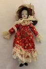 Small Porcelain Figurine Girl Red Floral Dress Vintage Blue Eyes 6.5"