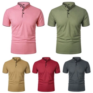 UK Mens Grandad Collar Shirt Mandarin Slim Fit Casual T-Shirt Short Sleeve Tops@ - Picture 1 of 22