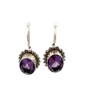 DP Doug Pualus Signed Sterling Vintage Oval Amethyst Gem Hook Dangle Earrings - Picture 1 of 5