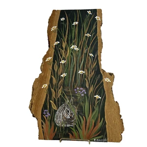 Vtg Hand Painted Bunny Rabbit Signed Wood Slab Live Edge Tall Grass Prairie 2003 - Picture 1 of 19