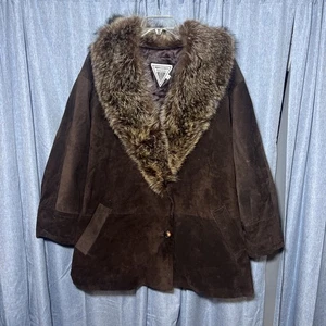 Vintage J Percy Marvin Richards Oversized Dark Brown Leather Jacket Faux Fur 3XL - Picture 1 of 10