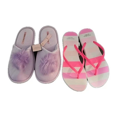 Dos Pares de Zapatos Victoria's Secret Zapatillas Púrpura Rosa Chanclas Grandes 9-10 NUEVO Foto 1 de 4