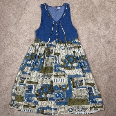 Pennylane платье женщин M синий коричневый джинсовой ткани жилет геометрический принт 90-х винтажный макси - Изображение 1 из 4