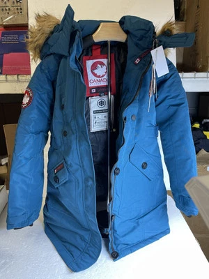 Casaco acolchoado longo de pele sintética pavão azul feminino equipamento meteorológico Canadá novo com etiquetas G (14/16) - Imagem 1 de 4