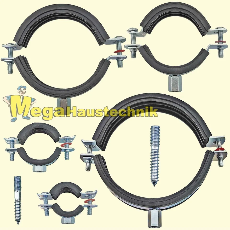 Rohrschellen 12 - 168 mm + Stockschrauben Gelenkrohrschellen mit Schallschutz - Bild 1 von 1