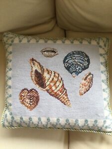 Vintage Handstitched Needle Point Coastal Beach Sea Shell Pillows w/ Velvet Back