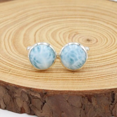 Gemelos naturales de plata de ley 925 con piedras preciosas Larimar para regalo especial para hombre Foto 1 de 4
