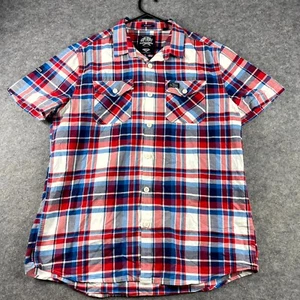 Superdry Mens Button Up Shirt Short Sleeve Size 2XL Red Plaid Flap Pockets Logo - Picture 1 of 8