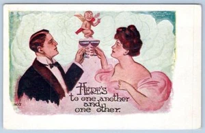 1908 TOASTING COUPLE CHERUB HERE'S TO ONE ANOTHER & THE OTHER ANTIQUE POSTCARD - Picture 1 of 2