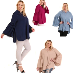 UMGEE Womens Denim Raspberry Navy Long Trumpet Sleeve Tunic Top Shirt S M L - Picture 1 of 12