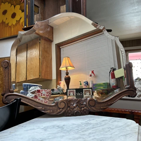 Antique Mirror Wall Deco Victorian Scalloped Oak Carved Frame Hanging Ornate Old Cover