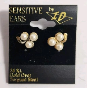 Sensitive Ears By I.D.  Danty Faux Pearls 24 Kt Gold Over Surgical Steel Post - Picture 1 of 3