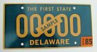APR 1985  SAMPLE  DELAWARE AUTO LICENSE PLATE " 00000 " DE  THE FIRST STATE