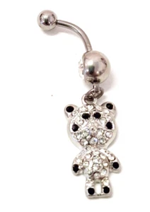 Belly Ring Animal Panda Bear Covered in Clear Gems Dangle Naval Steel  - Picture 1 of 2