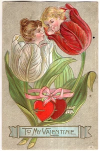ANTICA CARTOLINA SAN VALENTINO IN RILIEVO DUE VOLTI DI FIORI DI TULIPANO, CUORI - Foto 1 di 2