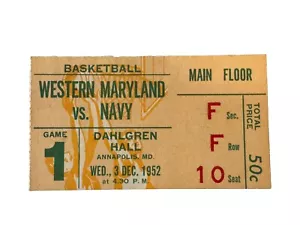 1952 Western Maryland vs Navy Basketball Ticket ~ Dalgren Hall A - Picture 1 of 2
