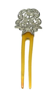FANCY ANTIQUE STERLING SILVER ORNATE HAIR PIN COMB PICK 2 CELLULOID PRONG 5.5" - Picture 1 of 6